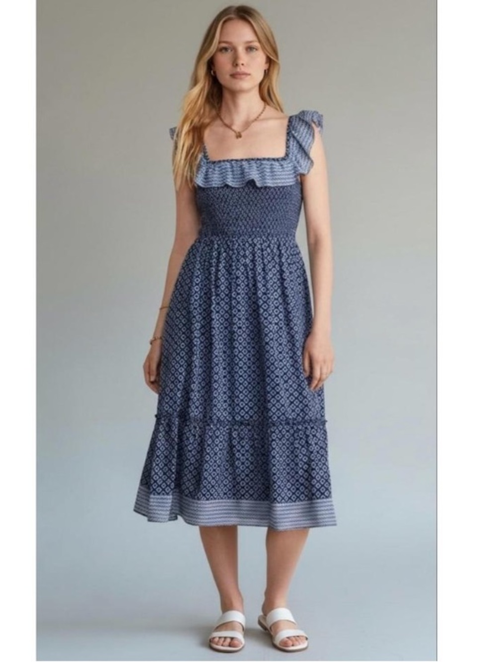 Vineyard Vines Chelsea Geo Navy Smocked Midi Dress - Medium